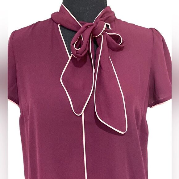 Wine Red and Pink Short Sleeved Blouse with Neck-Tie from Forever 21 - Picture 2 of 6